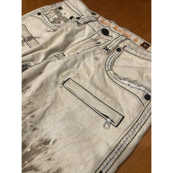 Mens Size 32 X 33 Rock Revival Beige Distressed Acid Wash Jeans Callan Biker - Picture 5 of 8